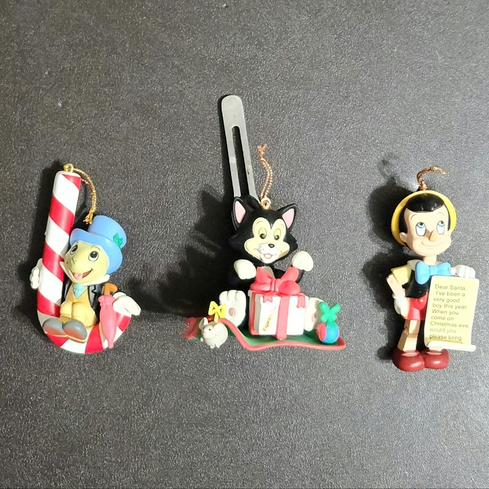 Grolier Disney Pinocchio, Figaro, and Jiminy ornaments